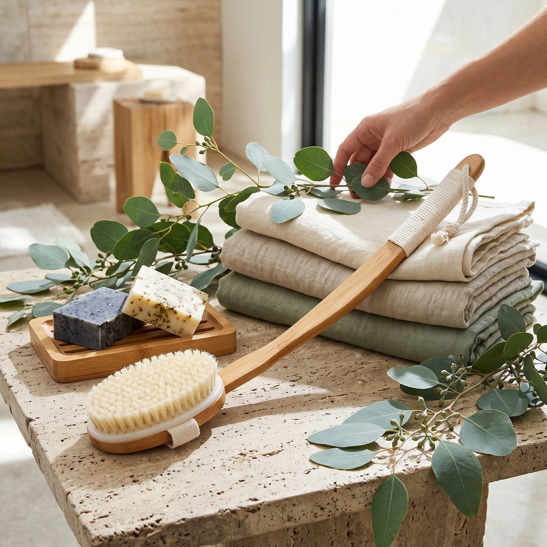 Long Handle Bath Brush with Natural Boar Bristles, Wooden Handle & Hanging Loop