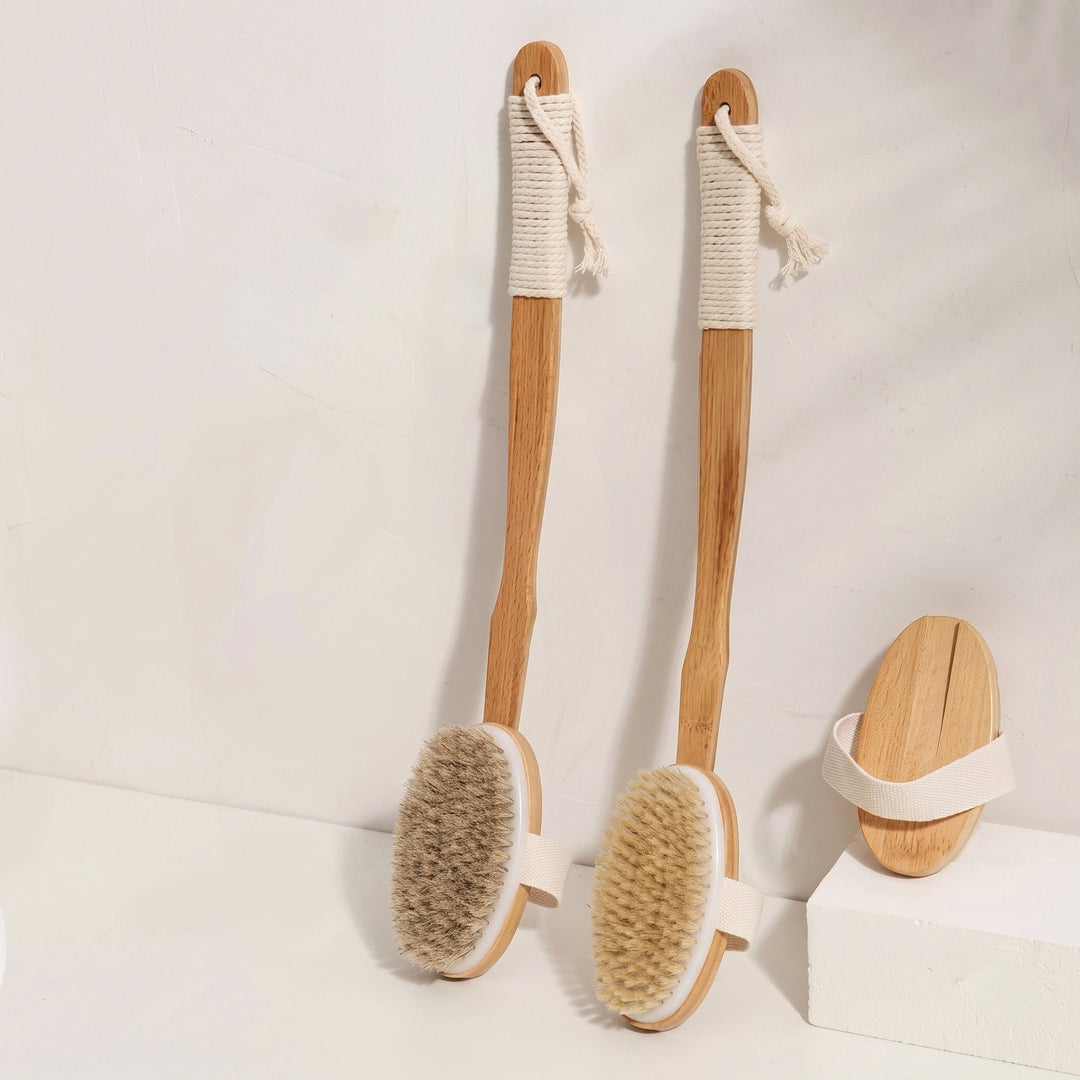 Long Handle Bath Brush with Natural Boar Bristles, Wooden Handle & Hanging Loop