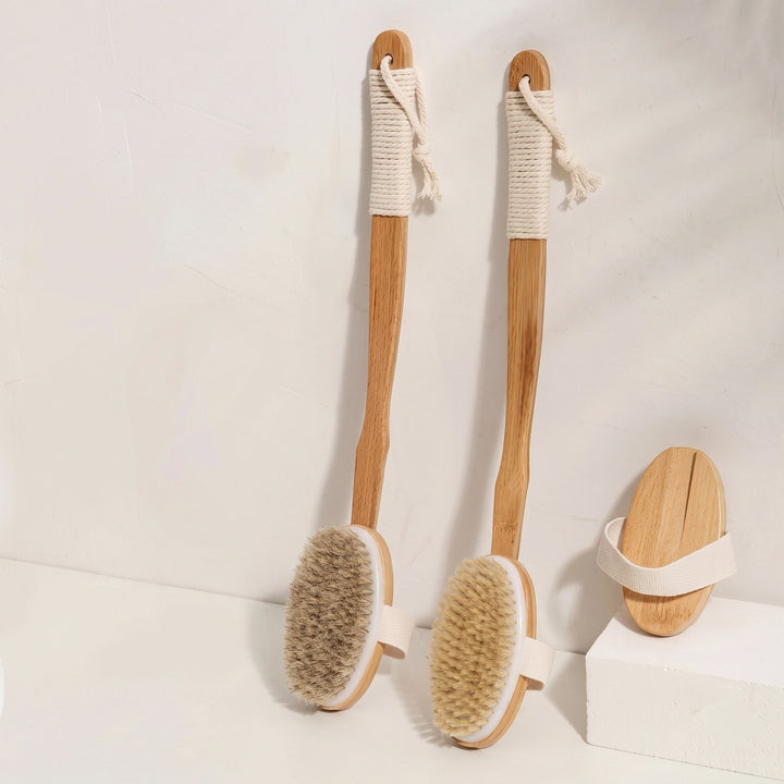 Long Handle Bath Brush with Natural Boar Bristles, Wooden Handle & Hanging Loop
