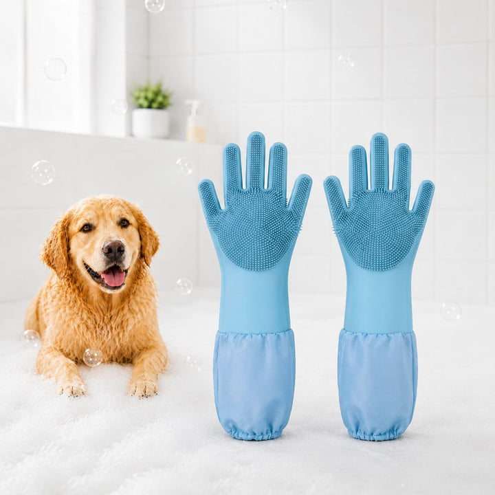 Long-Sleeve Pet Bath & Grooming Gloves for Cats & Dogs
