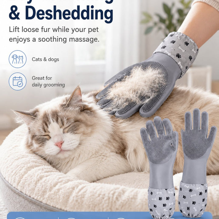 Long-Sleeve Pet Bath & Grooming Gloves for Cats & Dogs