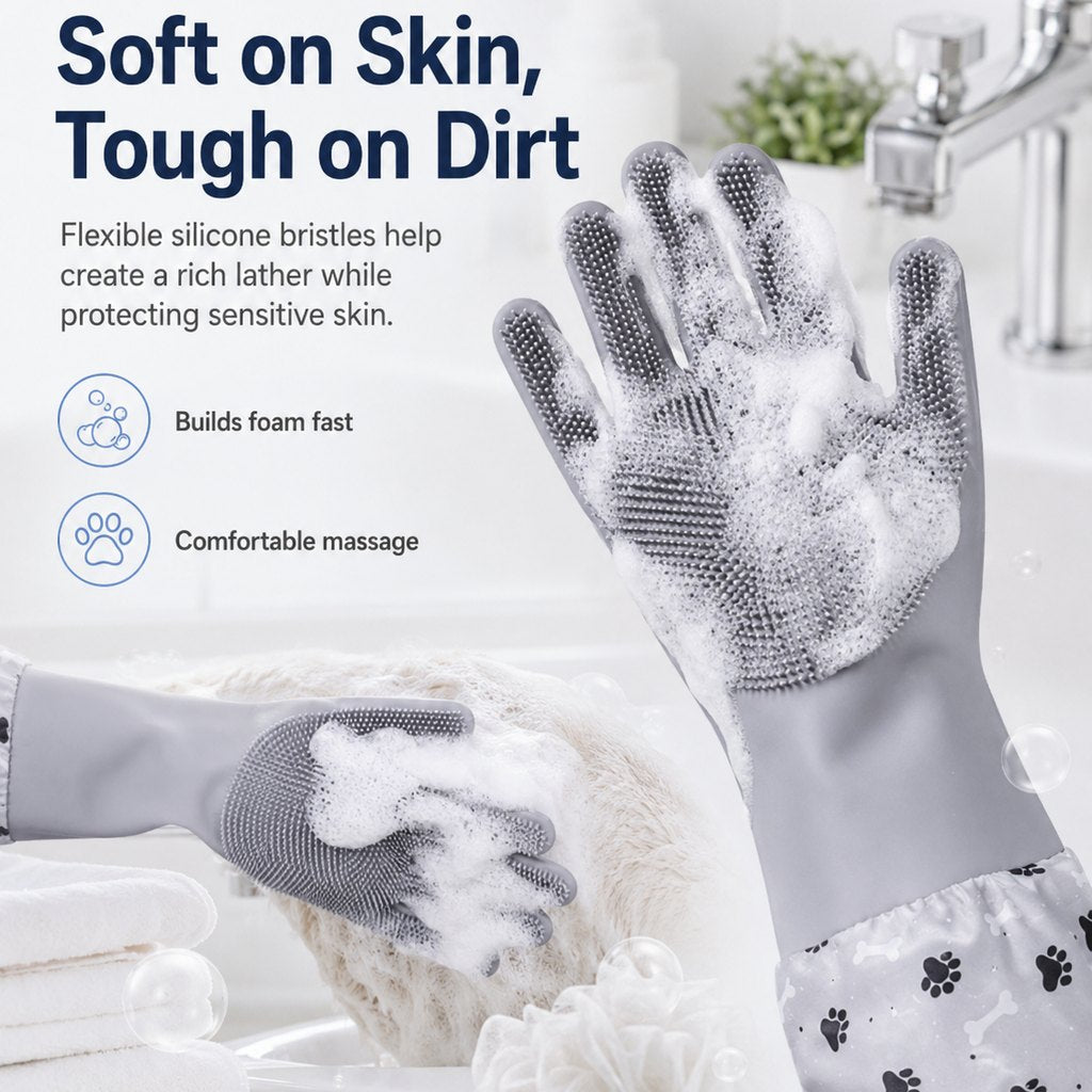 Long-Sleeve Pet Bath & Grooming Gloves for Cats & Dogs