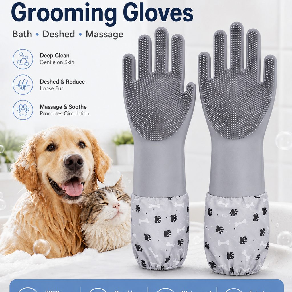 Long-Sleeve Pet Bath & Grooming Gloves for Cats & Dogs
