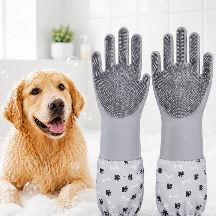 Long-Sleeve Pet Bath & Grooming Gloves for Cats & Dogs