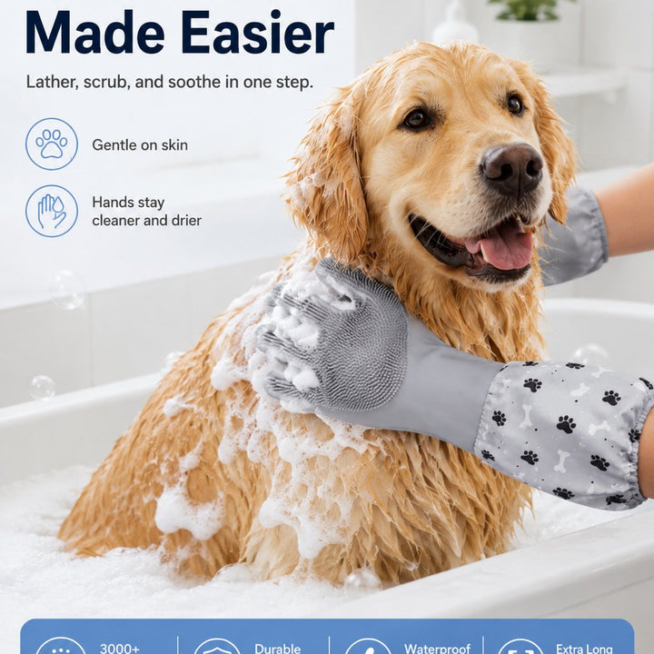 Long-Sleeve Pet Bath & Grooming Gloves for Cats & Dogs