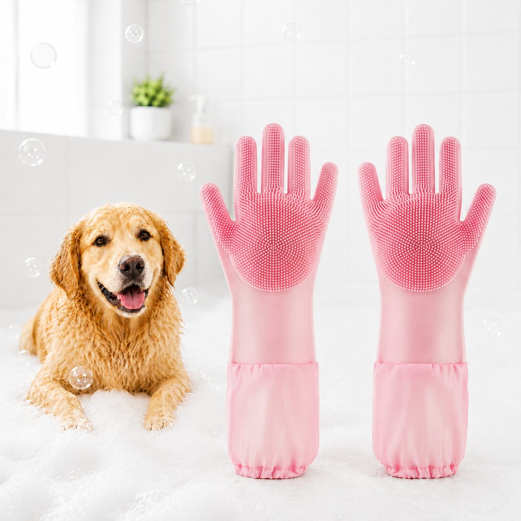 Long-Sleeve Pet Bath & Grooming Gloves for Cats & Dogs