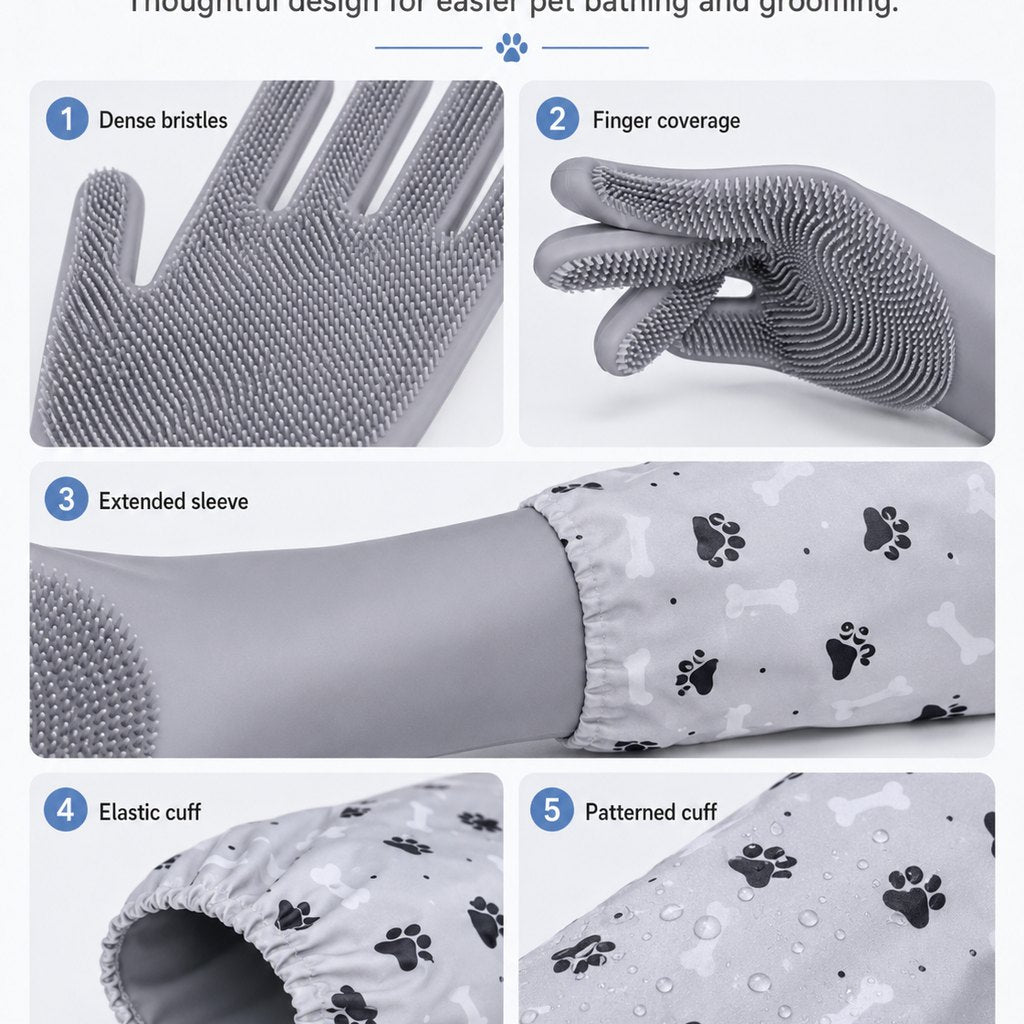 Long-Sleeve Pet Bath & Grooming Gloves for Cats & Dogs