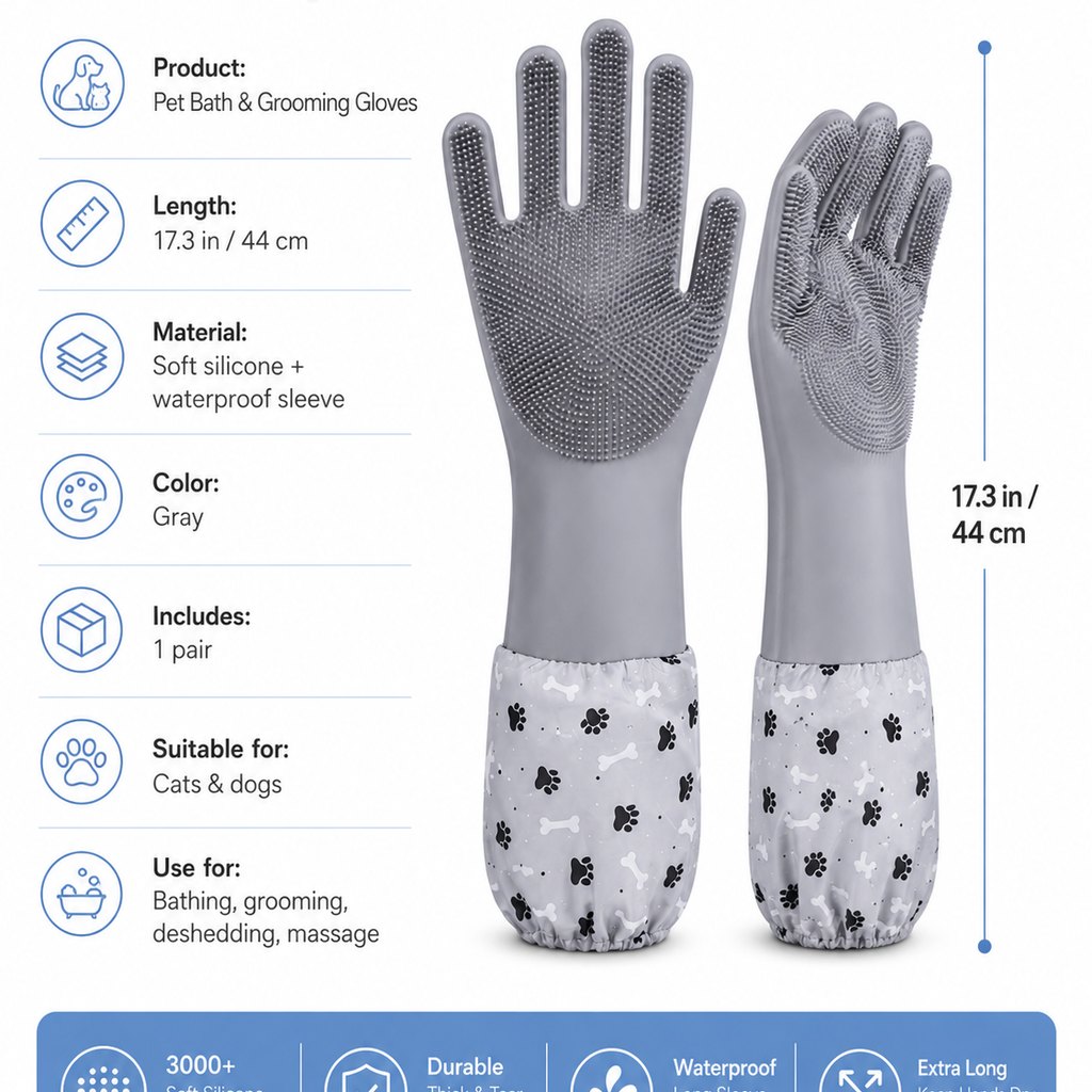 Long-Sleeve Pet Bath & Grooming Gloves for Cats & Dogs