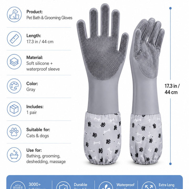 Long-Sleeve Pet Bath & Grooming Gloves for Cats & Dogs