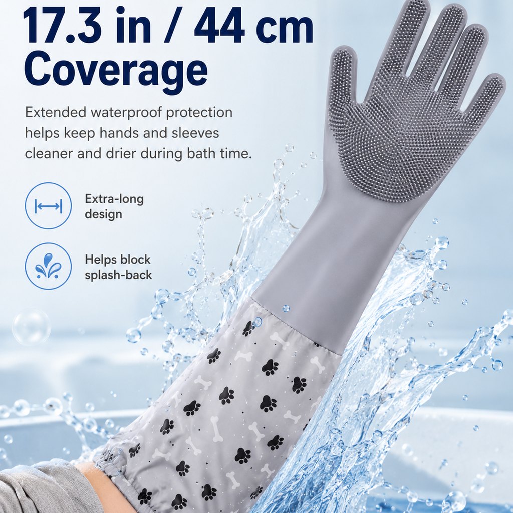 Long-Sleeve Pet Bath & Grooming Gloves for Cats & Dogs