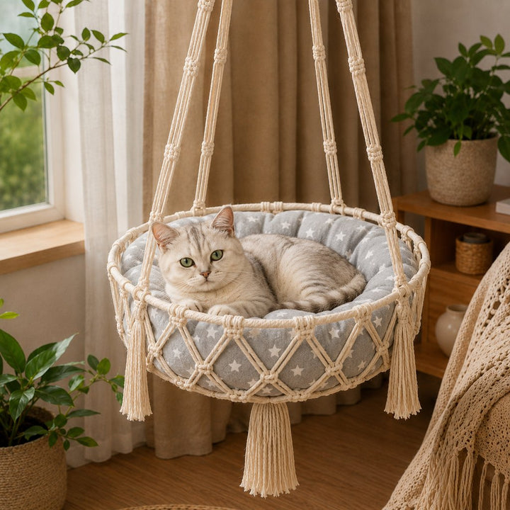 Macrame Hanging Cat Hammock Bed with Cushion
