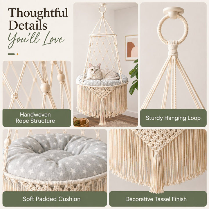 Macrame Hanging Cat Hammock Bed with Cushion