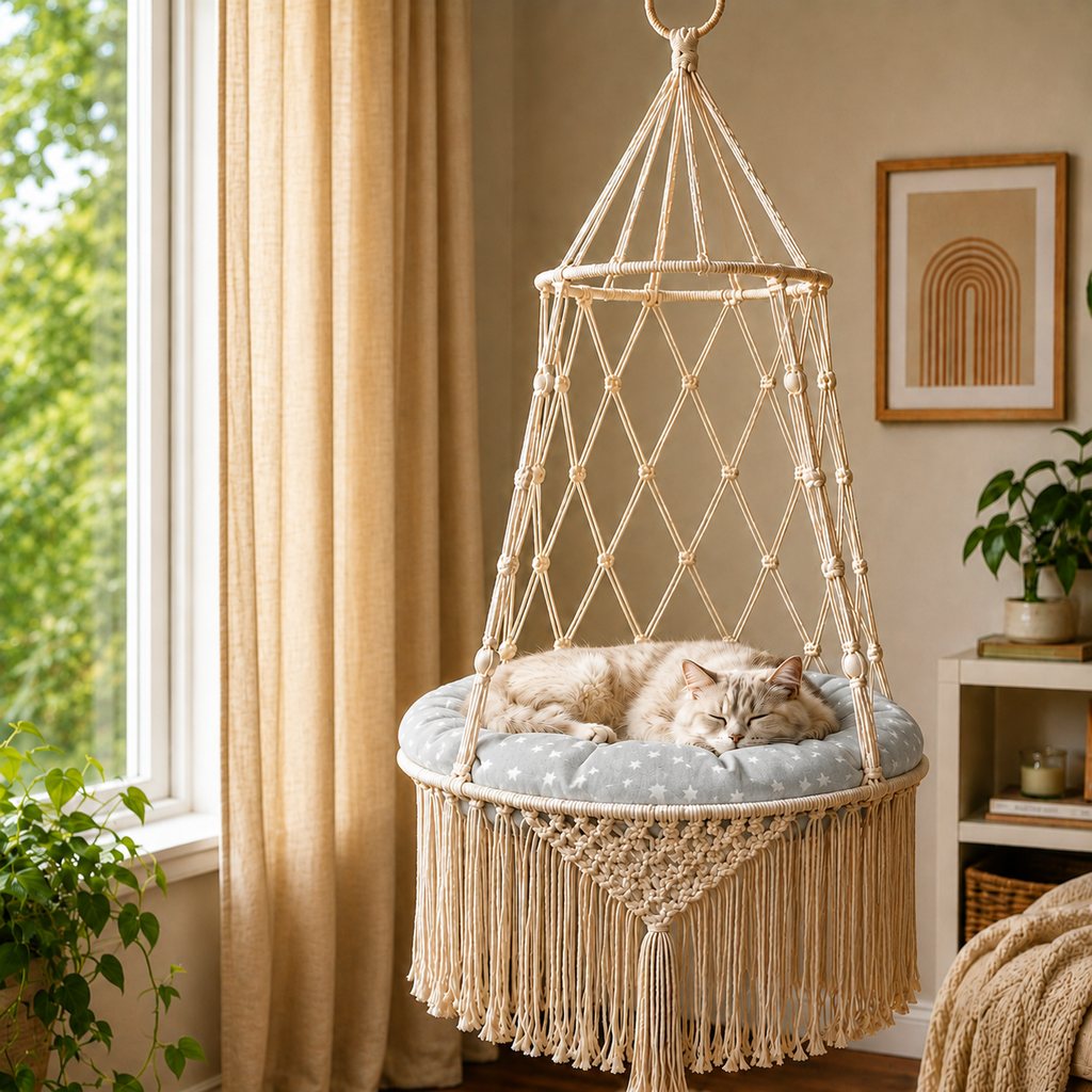 Macrame Hanging Cat Hammock Bed with Cushion