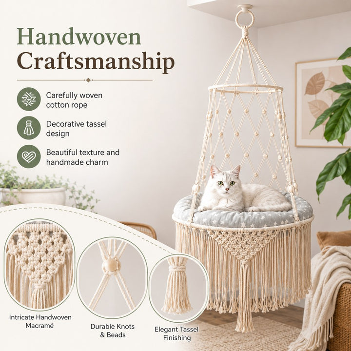 Macrame Hanging Cat Hammock Bed with Cushion