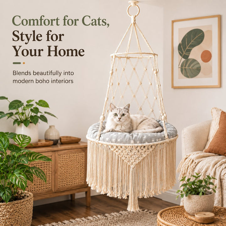 Macrame Hanging Cat Hammock Bed with Cushion