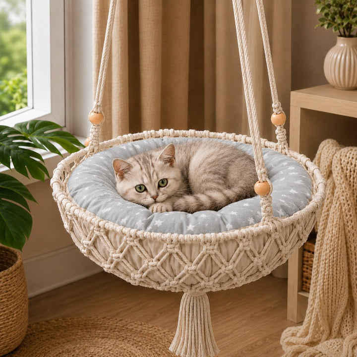Macrame Hanging Cat Hammock Bed with Cushion