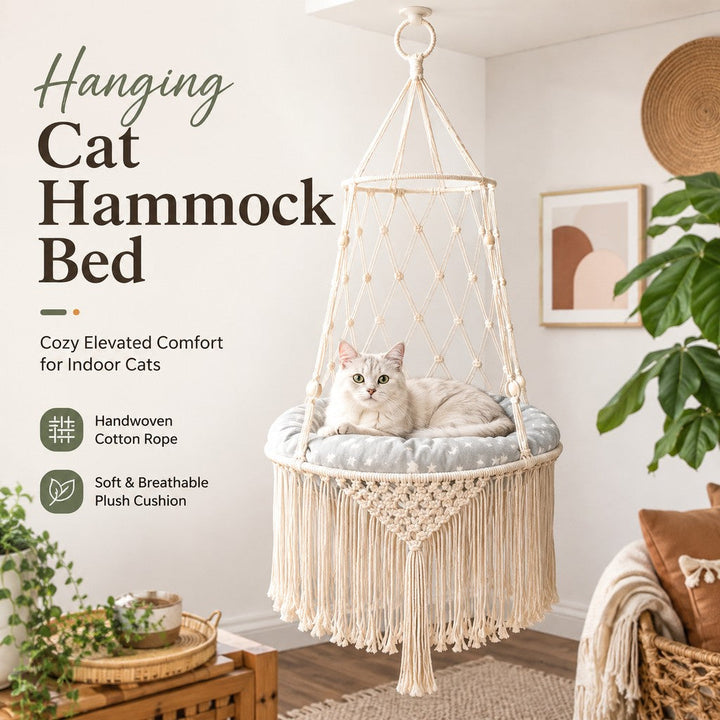 Macrame Hanging Cat Hammock Bed with Cushion