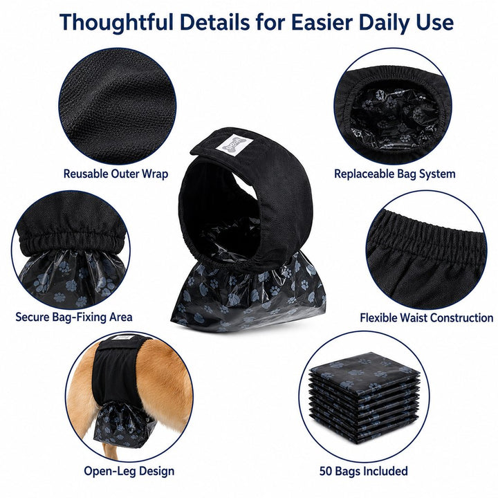 Reusable Male Dog Urine Collection Wrap with 50 Bags | Indoor Marking & Accident Support
