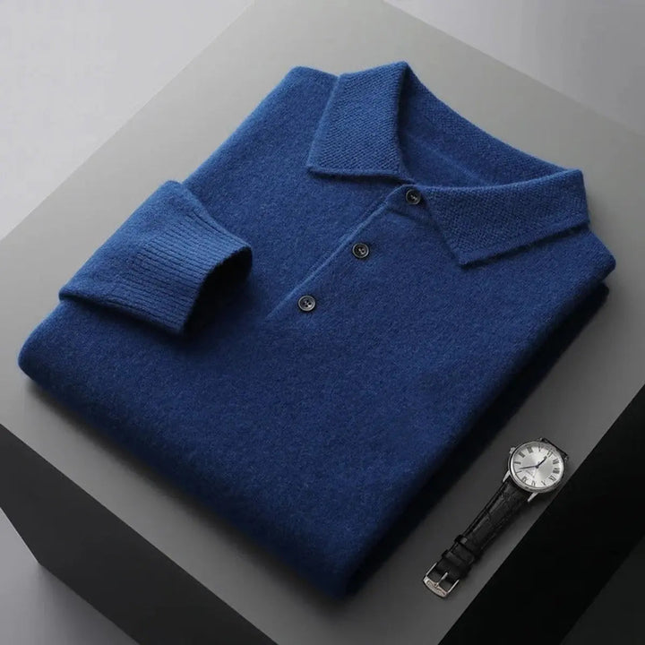 Men's Cashmere Polo Knit Sweater Long Sleeve Button Collar Jumper