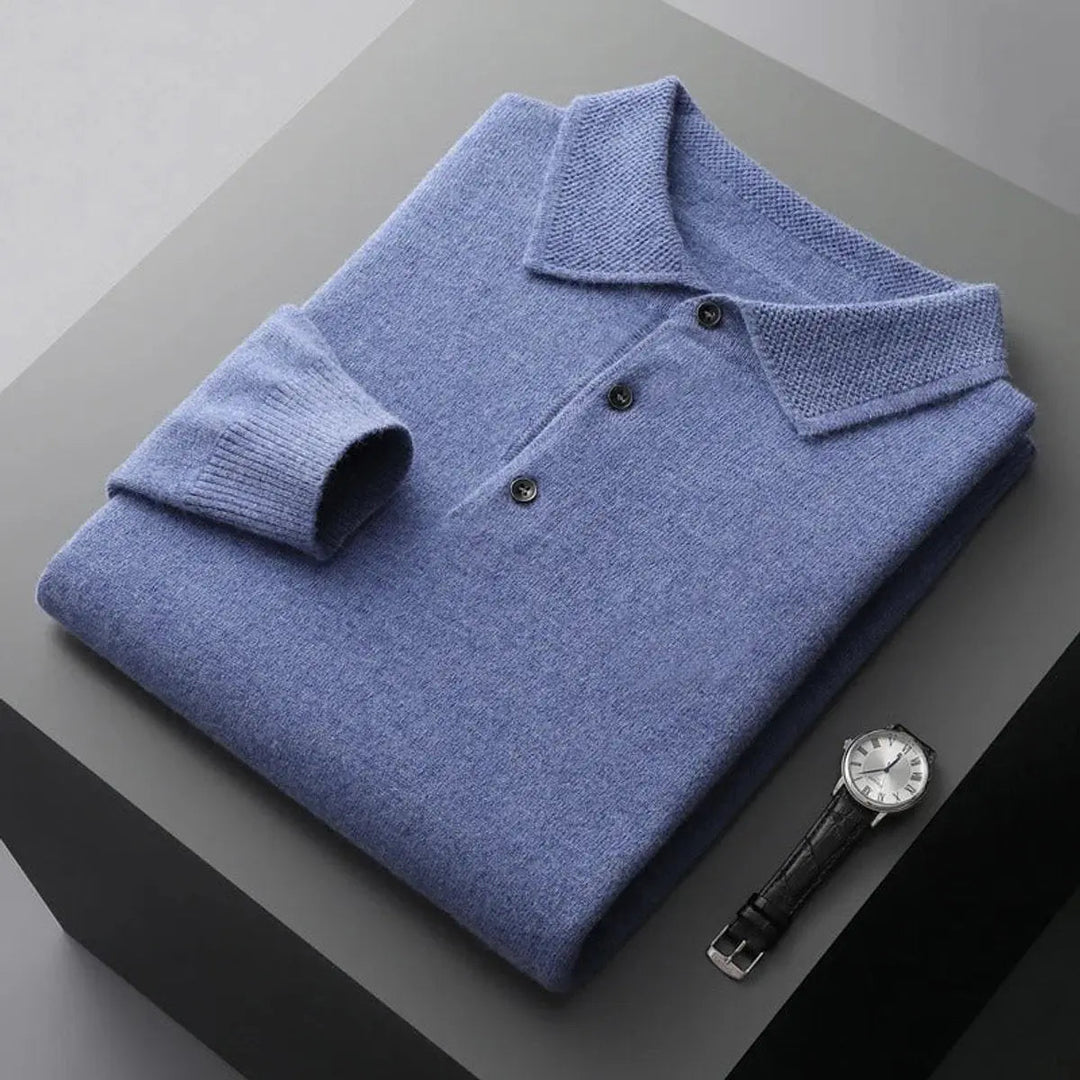 Men's Cashmere Polo Knit Sweater Long Sleeve Button Collar Jumper