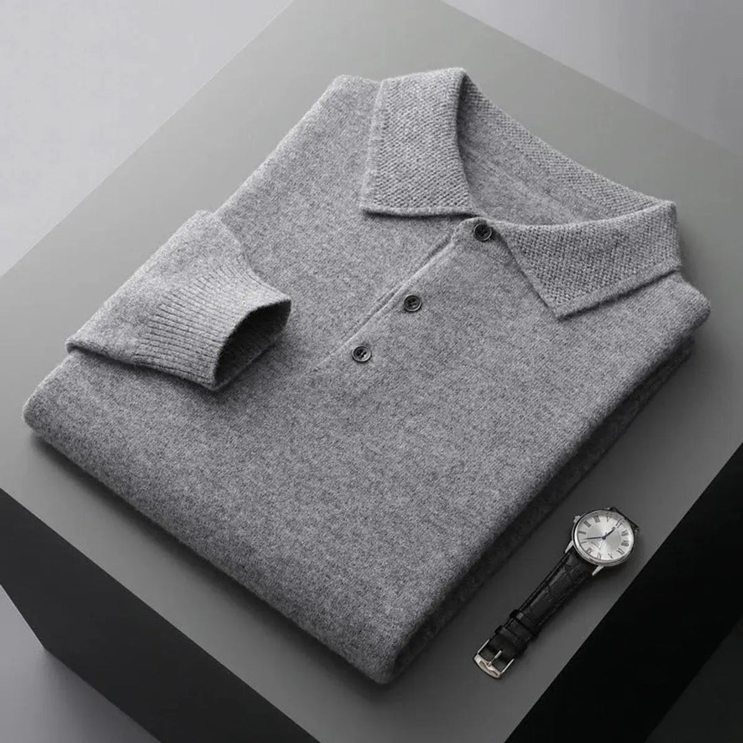 Men's Cashmere Polo Knit Sweater Long Sleeve Button Collar Jumper