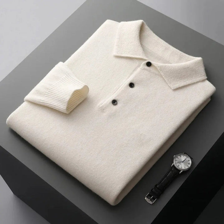 Men's Cashmere Polo Knit Sweater Long Sleeve Button Collar Jumper