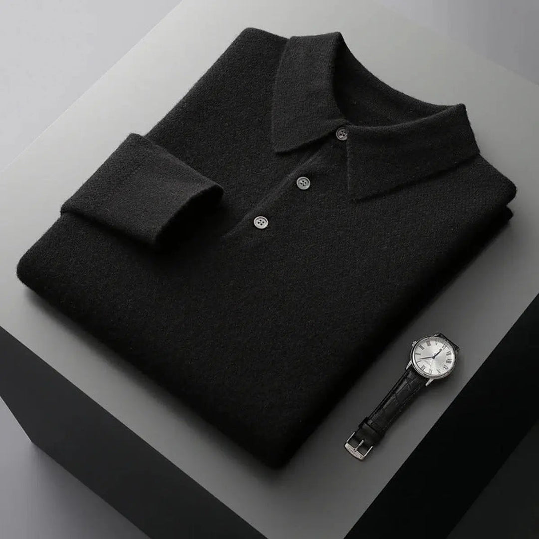 Men's Cashmere Polo Knit Sweater Long Sleeve Button Collar Jumper