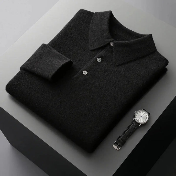Men's Cashmere Polo Knit Sweater Long Sleeve Button Collar Jumper