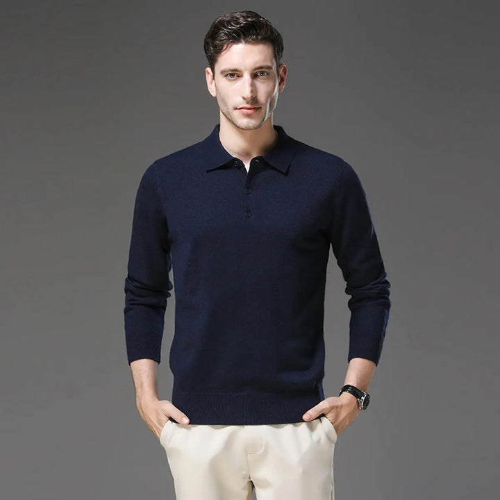 Men's Cashmere Polo Knit Sweater Long Sleeve Button Collar Jumper