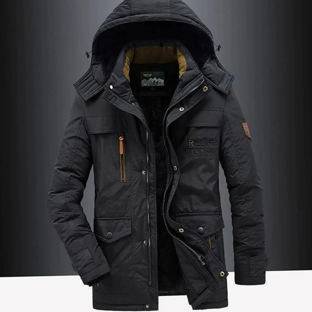 Men's Fleece-Lined Hooded Heavy-Duty Winter Jacket with Windproof Zip