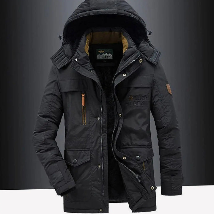 Men's Fleece-Lined Hooded Heavy-Duty Winter Jacket with Windproof Zip