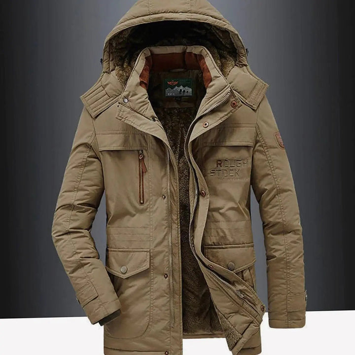 Men's Fleece-Lined Hooded Heavy-Duty Winter Jacket with Windproof Zip