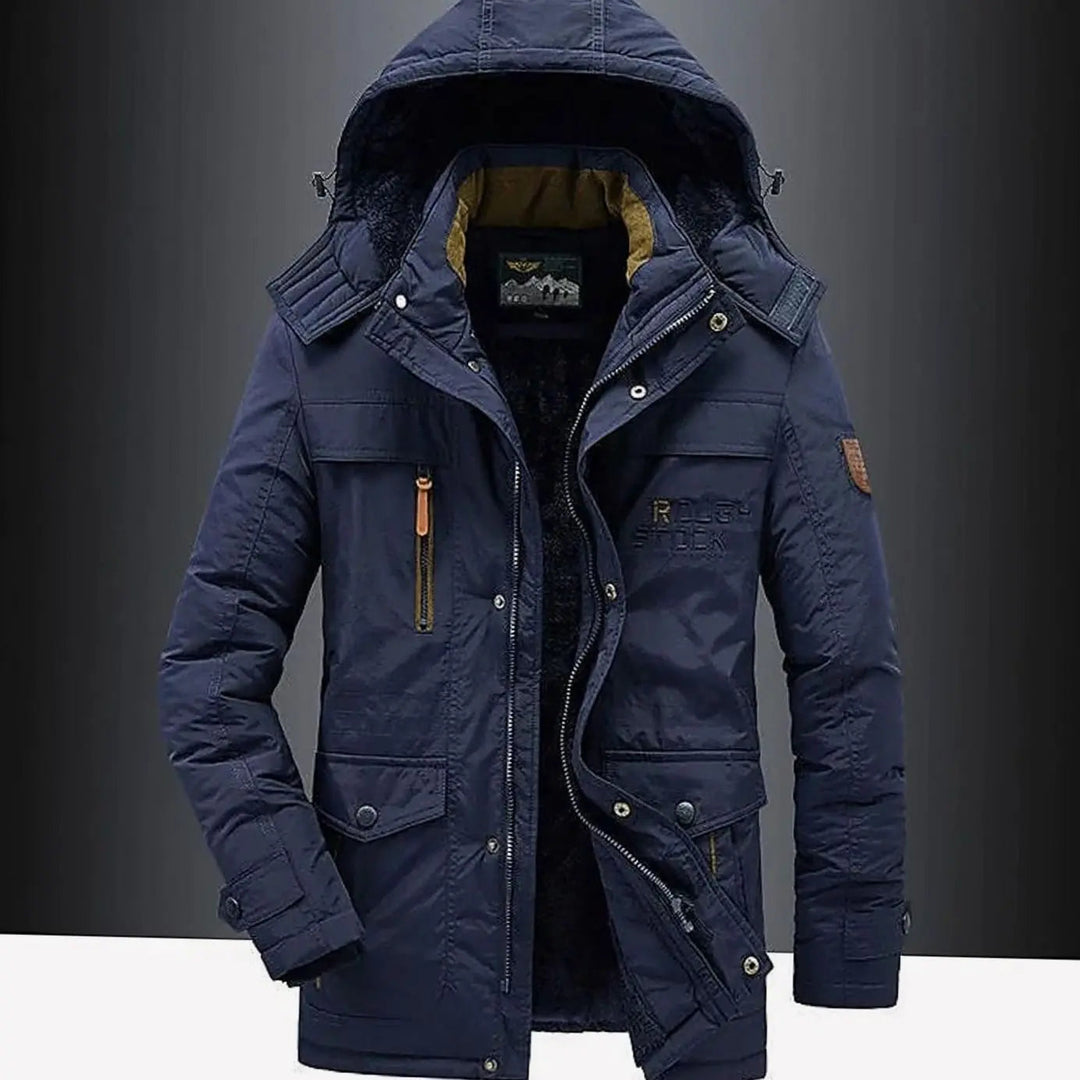 Men's Fleece-Lined Hooded Heavy-Duty Winter Jacket with Windproof Zip