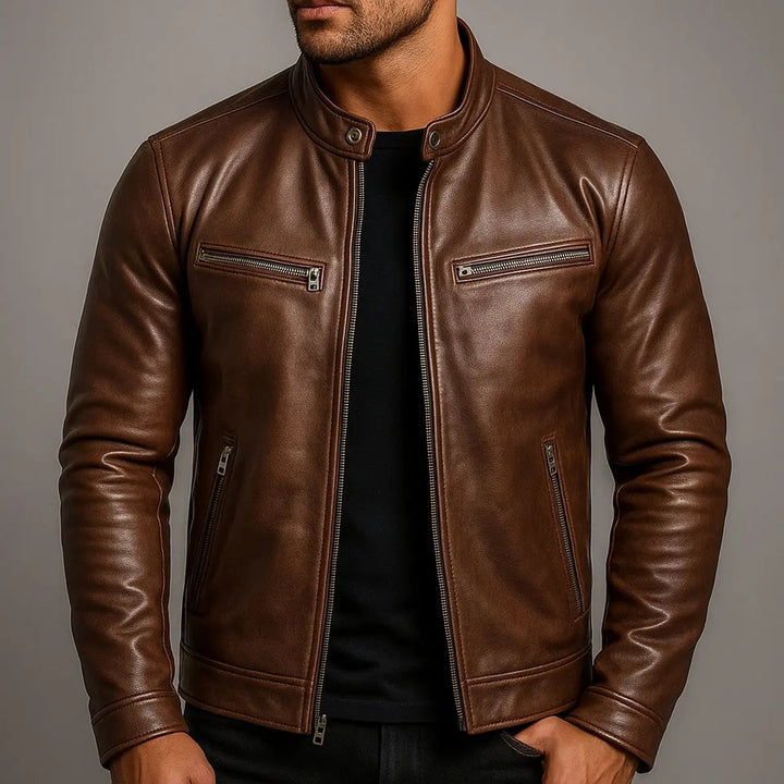 Men's Quilted Jacket Vintage Biker Leather Look Zip-Up Coat