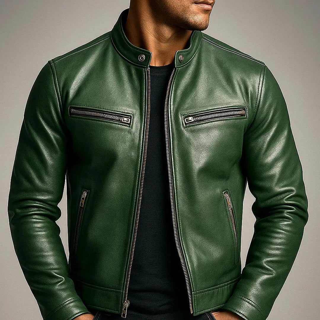 Men's Quilted Jacket Vintage Biker Leather Look Zip-Up Coat