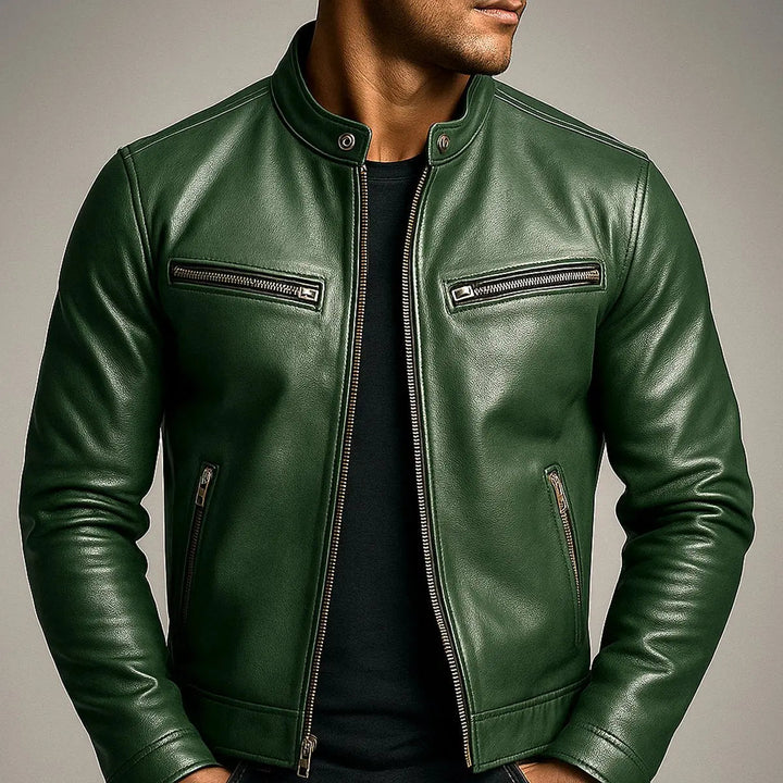 Men's Quilted Jacket Vintage Biker Leather Look Zip-Up Coat