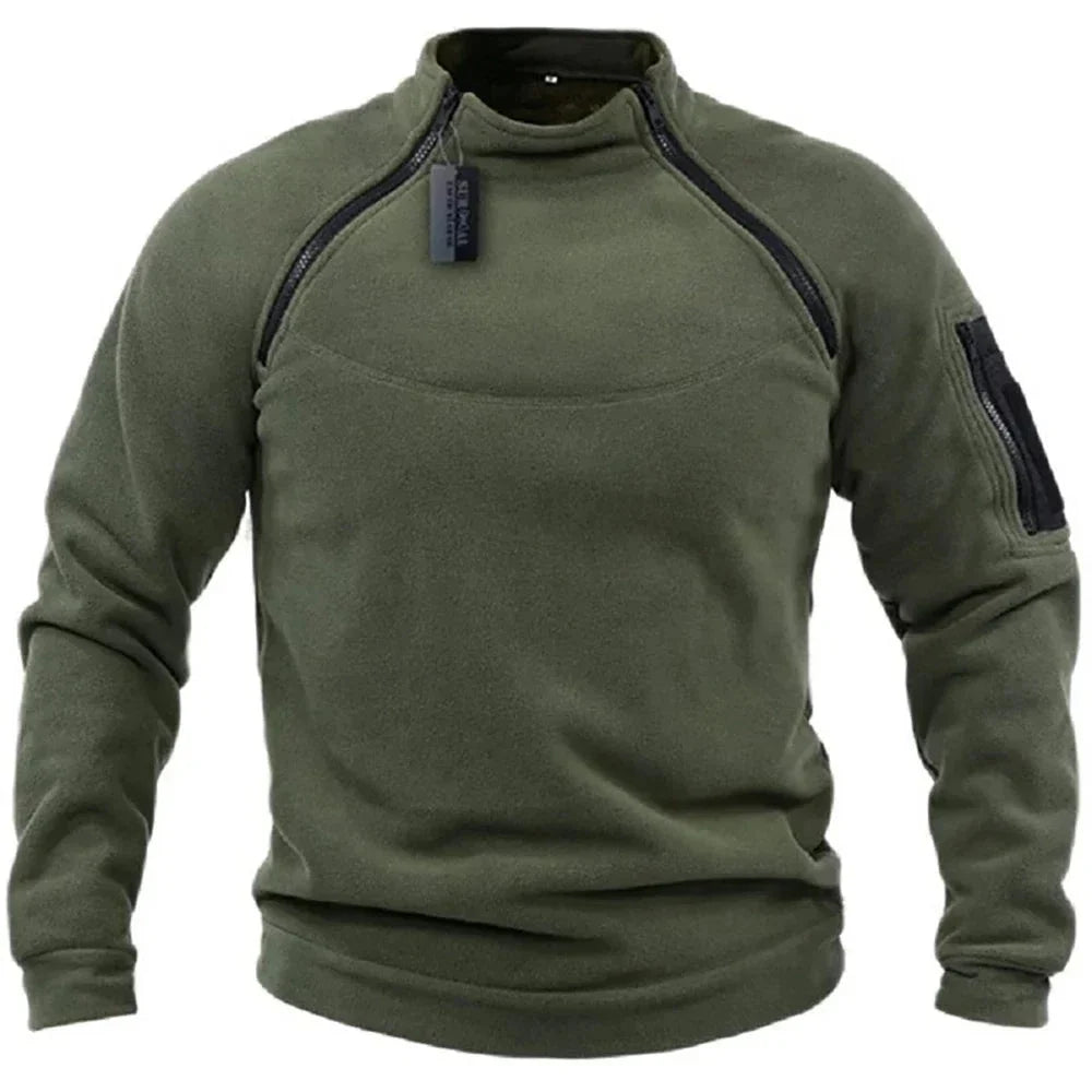 Men's Zip-Through Fleece-Lined Hooded Sweatshirt for Autumn and Winter in Army Green