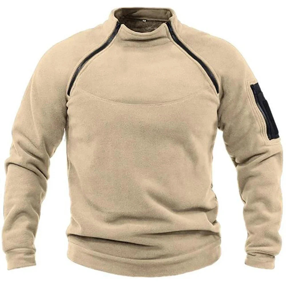 Men's Zip-Through Fleece-Lined Hooded Sweatshirt for Autumn and Winter in Khaki
