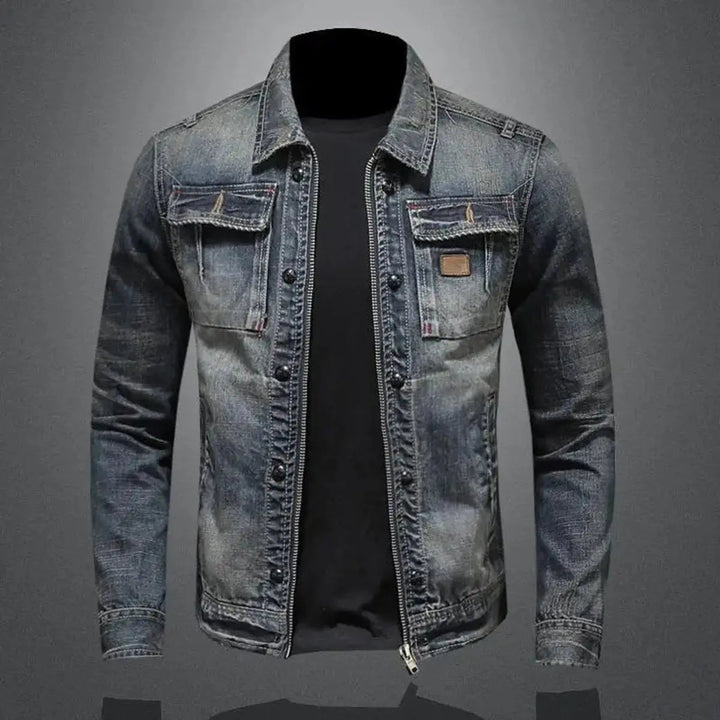 Men's Vintage Washed Zip-Up Retro Denim Jacket Coat