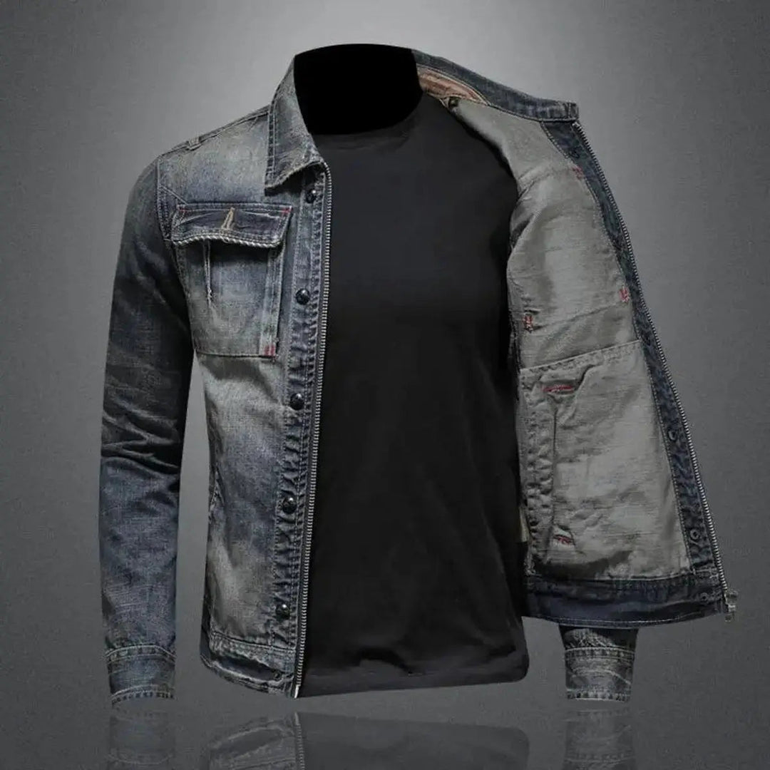 Men's Vintage Washed Zip-Up Retro Denim Jacket Coat