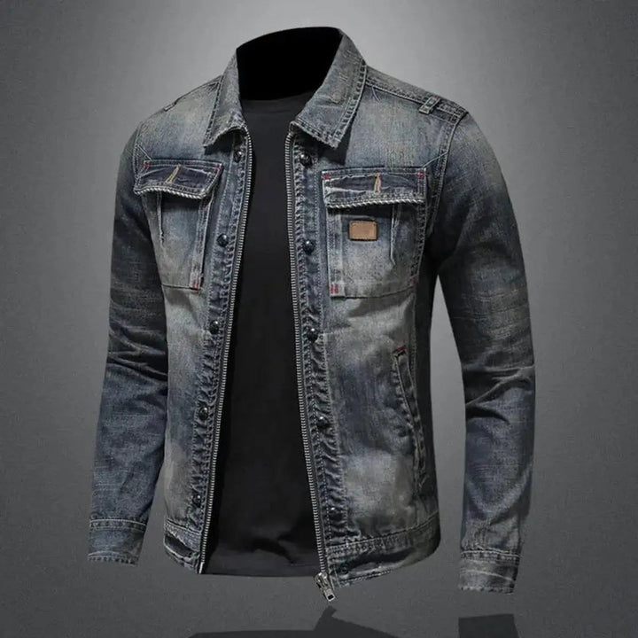 Men's Vintage Washed Zip-Up Retro Denim Jacket Coat