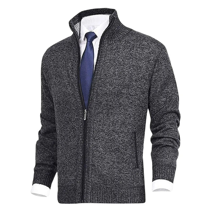 Men's Zip-Up Knit Fleece-Lined Cardigan Jumper Stand Collar