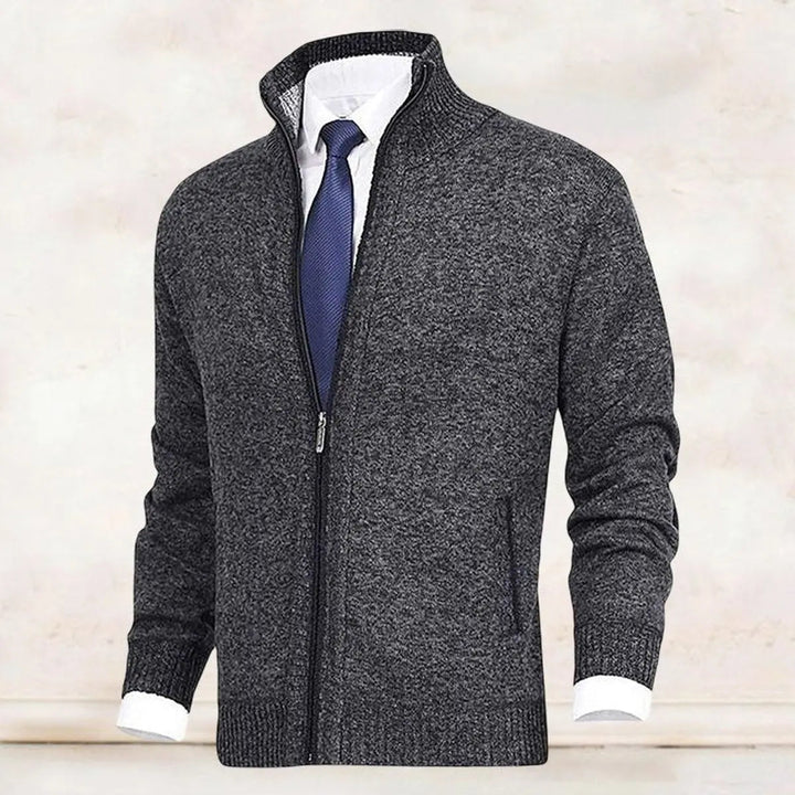 Men's Zip-Up Knit Fleece-Lined Cardigan Jumper Stand Collar
