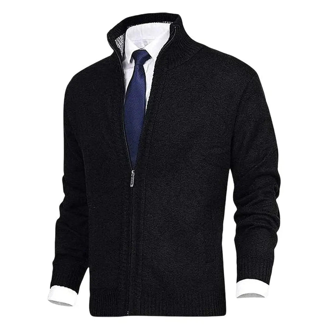Men's Zip-Up Knit Fleece-Lined Cardigan Jumper Stand Collar