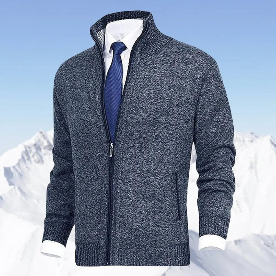 Men's Zip-Up Knit Fleece-Lined Cardigan Jumper Stand Collar