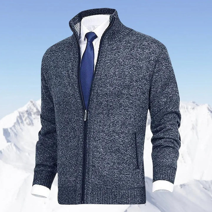 Men's Zip-Up Knit Fleece-Lined Cardigan Jumper Stand Collar