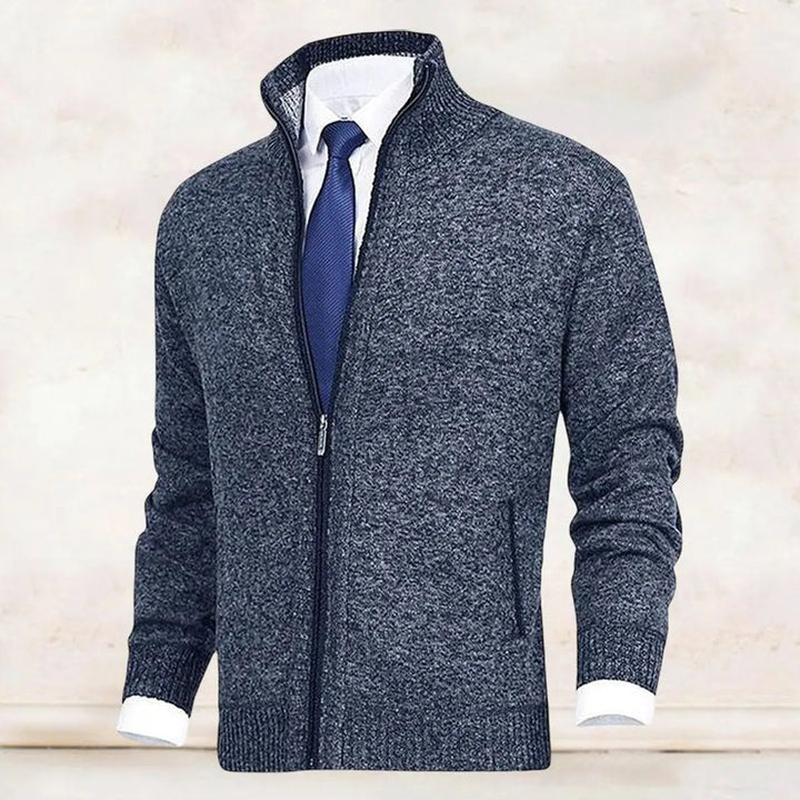 Men's Zip-Up Knit Fleece-Lined Cardigan Jumper Stand Collar
