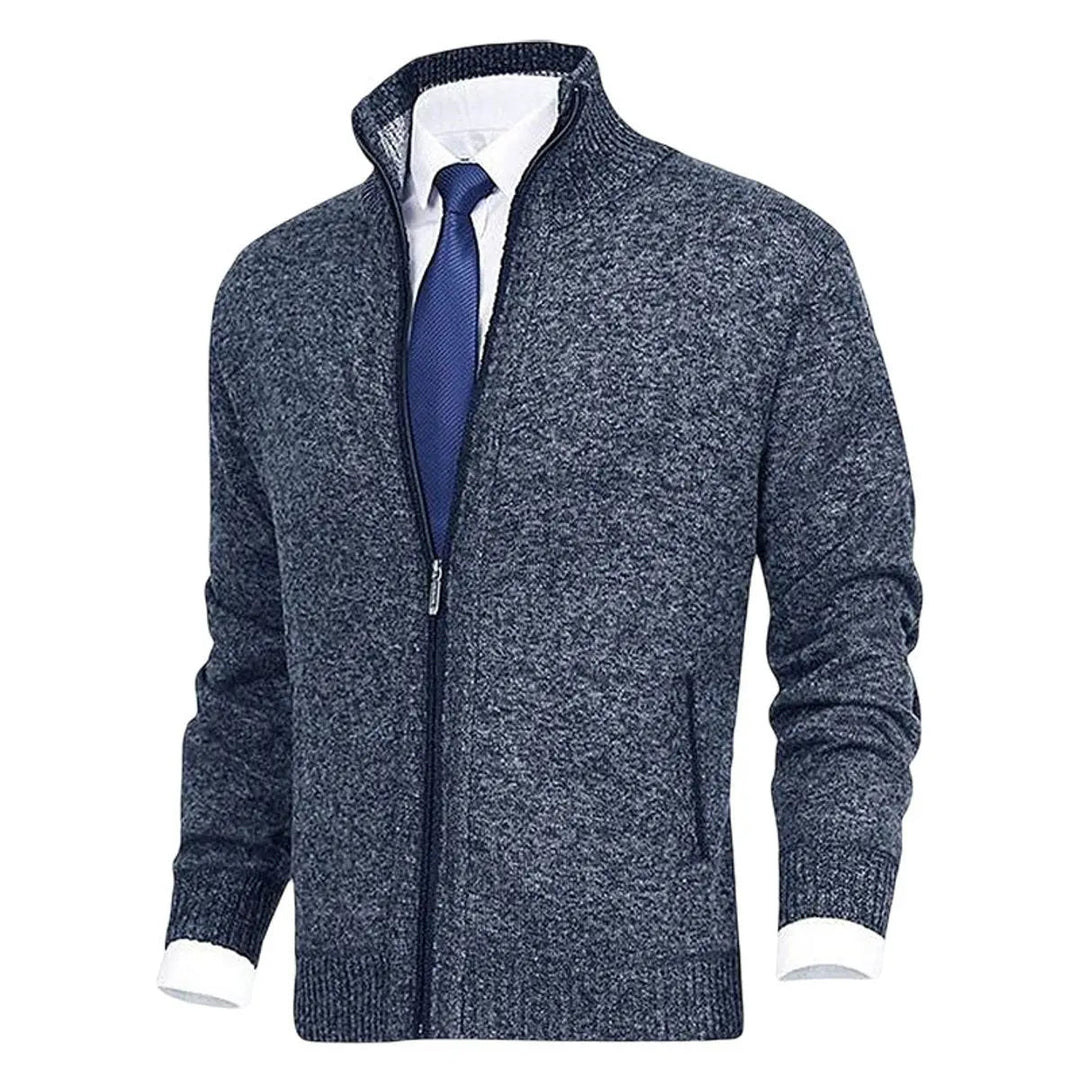 Men's Zip-Up Knit Fleece-Lined Cardigan Jumper Stand Collar