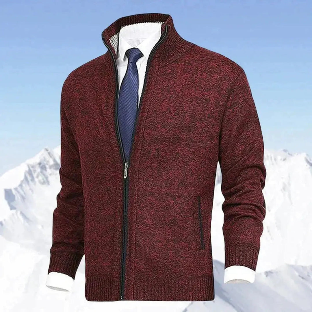 Men's Zip-Up Knit Fleece-Lined Cardigan Jumper Stand Collar