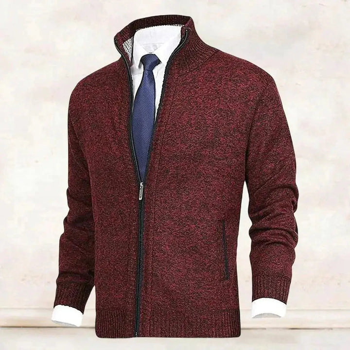 Men's Zip-Up Knit Fleece-Lined Cardigan Jumper Stand Collar